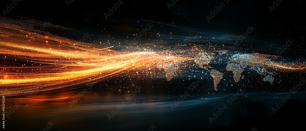 Aufkleber a digital 3d visualization of a glowing world map outline, highlighting big data and internet techno