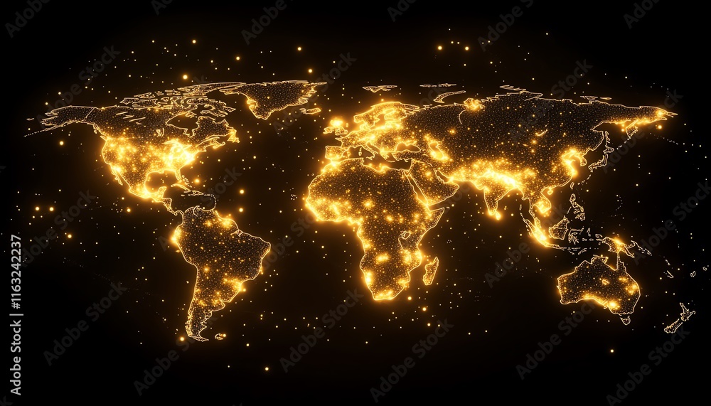 Poster a dynamic 3d rendering of a digital world map with illuminated lights, symbolizing global connection