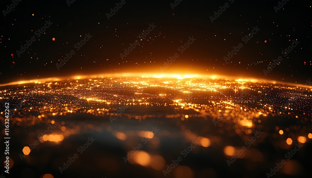 Poster a dynamic 3d rendering of a digital world map with illuminated lights, symbolizing global connection