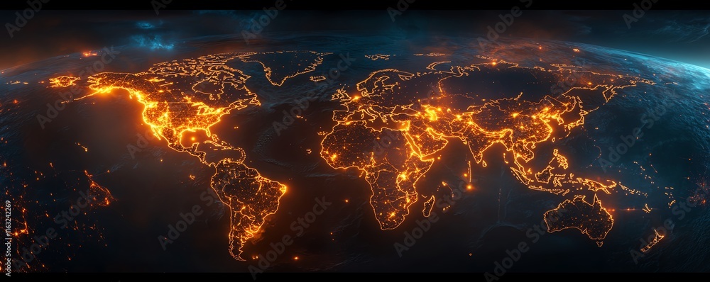 Poster a dynamic 3d rendering of a digital world map with illuminated lights, symbolizing global connection