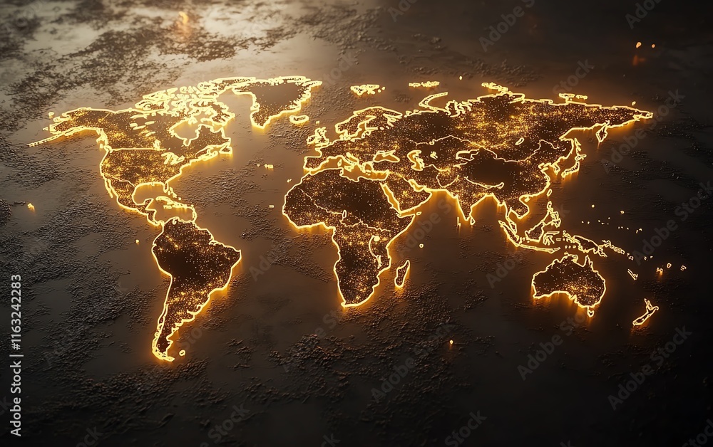 Poster a dynamic 3d rendering of a digital world map with illuminated lights, symbolizing global connection