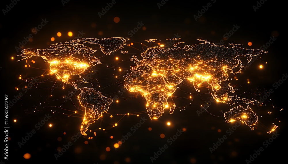 Poster a dynamic 3d rendering of a digital world map with illuminated lights, symbolizing global connection