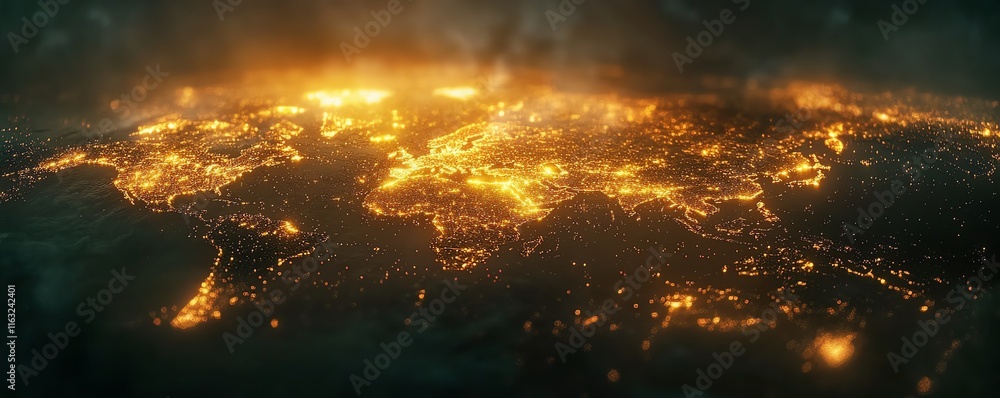 Poster a dynamic 3d rendering of a digital world map with illuminated lights, symbolizing global connection