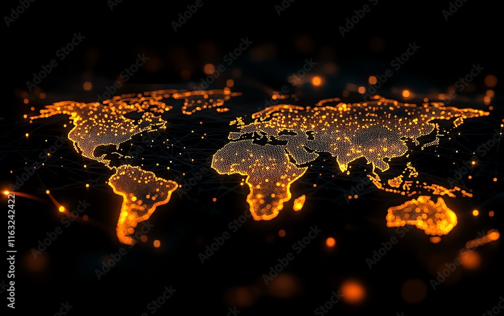 Poster a dynamic 3d rendering of a digital world map with illuminated lights, symbolizing global connection