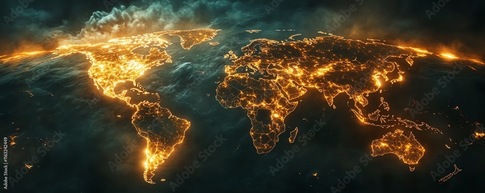 Poster a dynamic 3d rendering of a digital world map with illuminated lights, symbolizing global connection