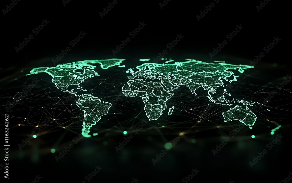 Aufkleber a futuristic 3d rendering of a glowing digital world map contour, symbolizing big data and internet 