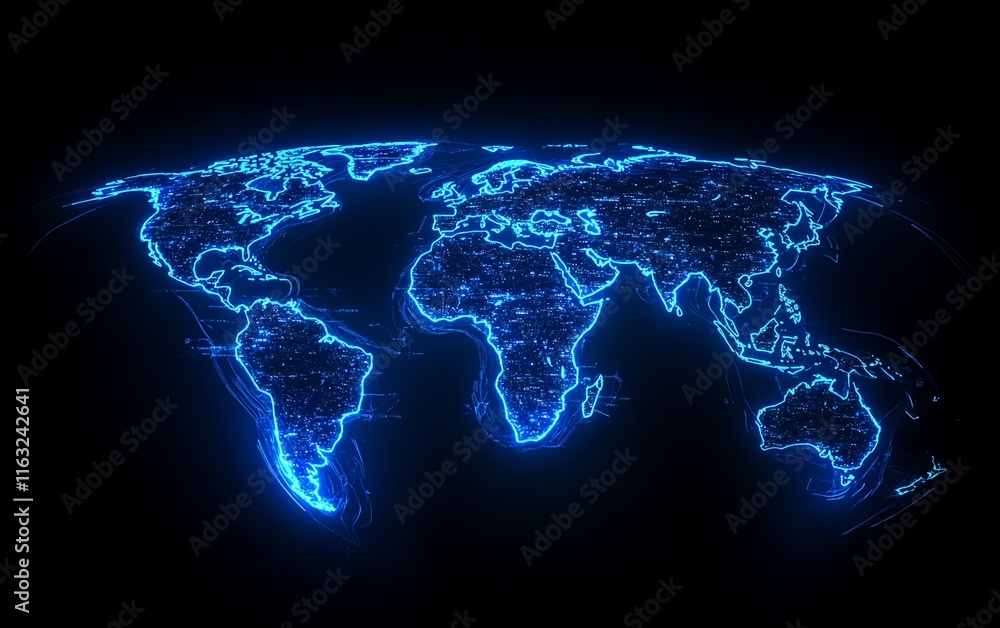 Poster a futuristic 3d rendering of a glowing digital world map contour, symbolizing big data and internet 