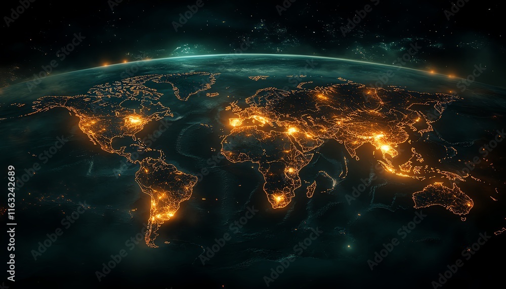 Poster a futuristic 3d visualization of a digital world map with glowing connections and lights, representi