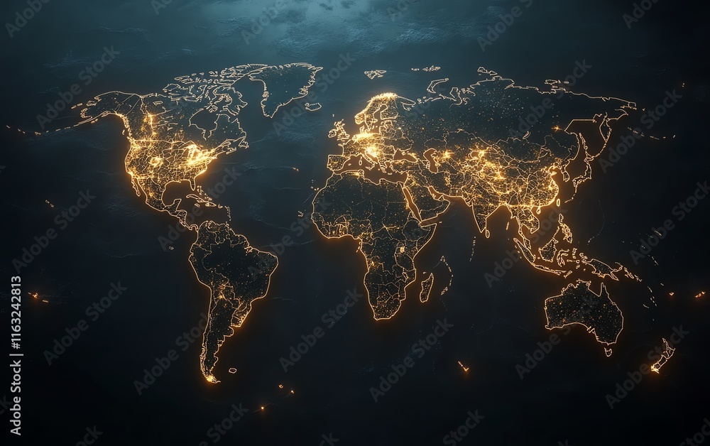 Poster a futuristic 3d visualization of a digital world map with glowing connections and lights, representi