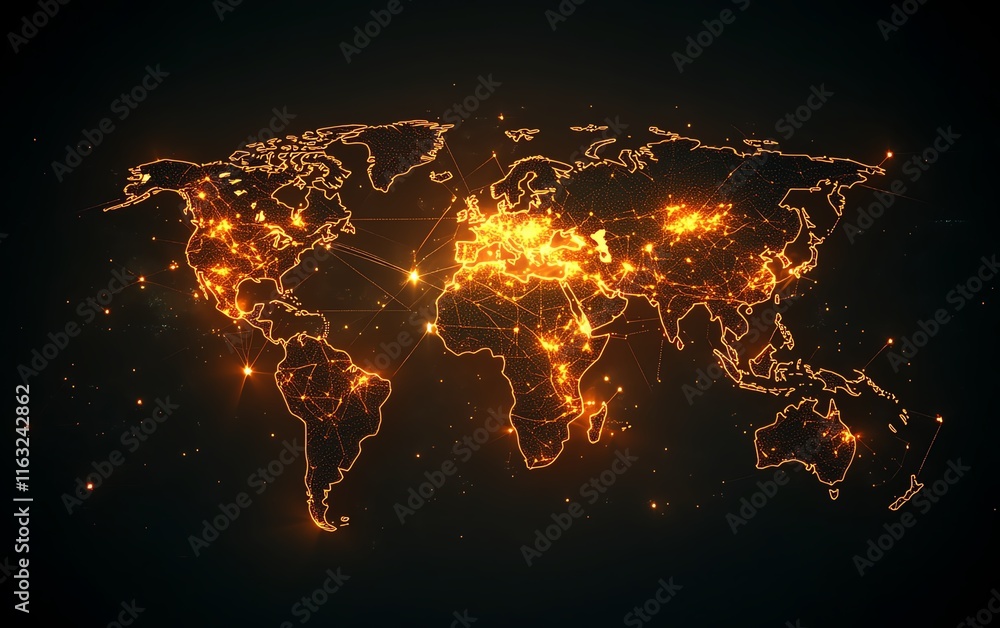 Poster a futuristic 3d visualization of a digital world map with glowing connections and lights, representi