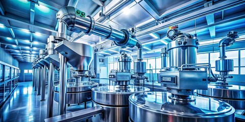 Fototapeta premium Worm's Eye View: Robotic Plastic Production - High-Tech Chemical Mixing Vats in Cleanroom
