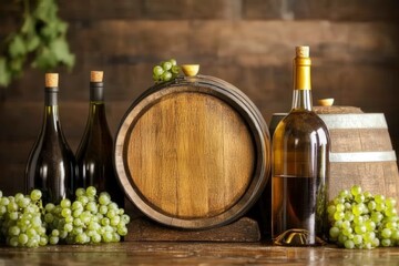 Fototapeta premium Wooden Wine Barrel with Bottles and Fresh Grapes