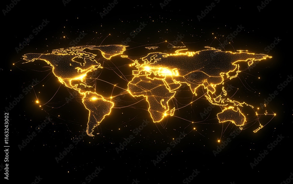 Poster a futuristic 3d visualization of a digital world map with glowing connections and lights, representi