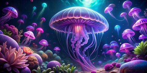 Fototapeta premium Worm's Eye View Purple Jellyfish Ocean Floor Background - Underwater Macro Photography