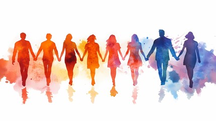 Watercolor illustration of multiple people holding hands, walking towards the camera on a white background