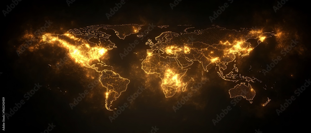 Poster a hightech 3d design of a glowing digital world map contour, highlighting big data and internet tech