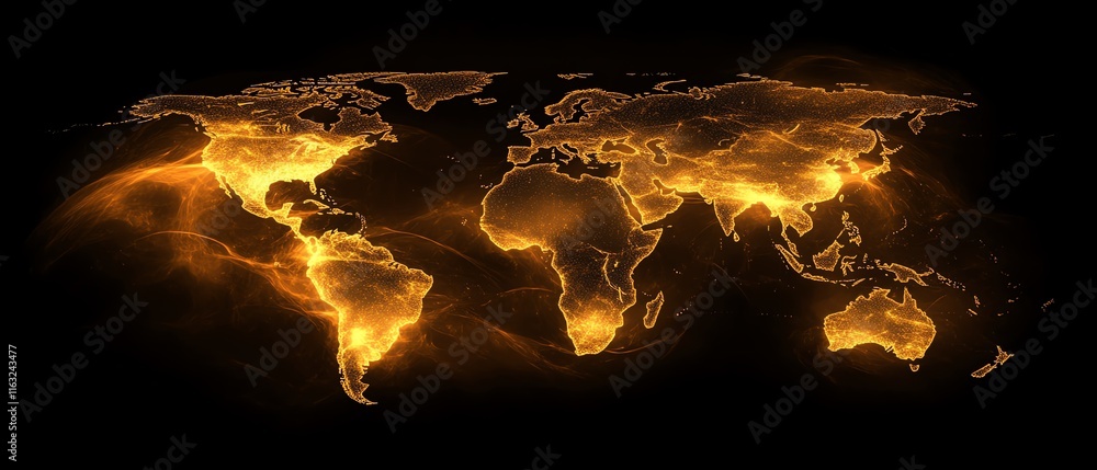 Poster a hightech 3d design of a glowing digital world map contour, highlighting big data and internet tech
