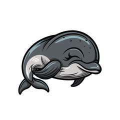A whimsical hand-drawn engraving style sketch of a cartoon dolphin fast asleep, exhibiting a funny, endearing expression.  Vector illustration.