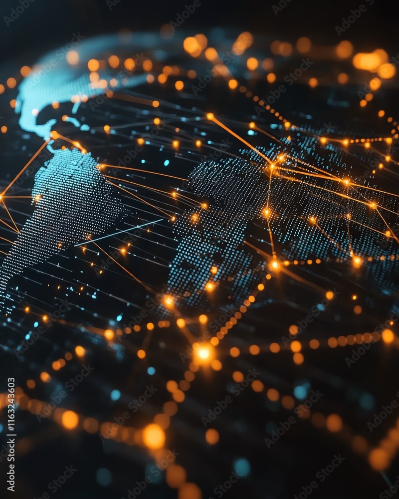 Poster a modern 3d rendering of a world map with luminous lights and digital connections, illustrating glob