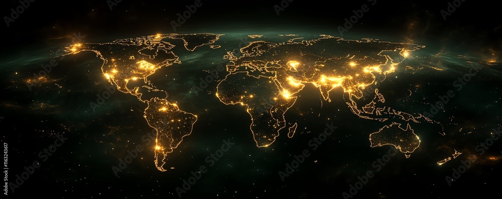 Poster a modern 3d rendering of a world map with luminous lights and digital connections, illustrating glob