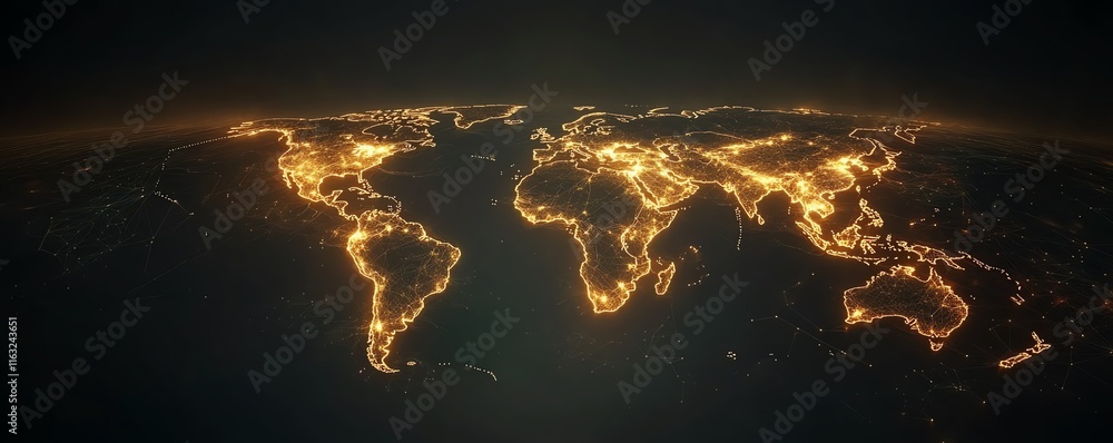 Poster a modern 3d rendering of a world map with luminous lights and digital connections, illustrating glob