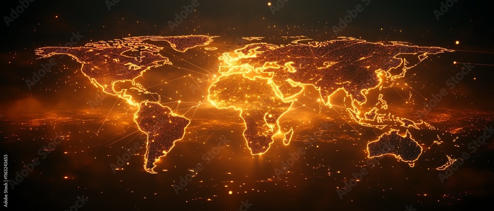 Poster a modern 3d rendering of a world map with luminous lights and digital connections, illustrating glob