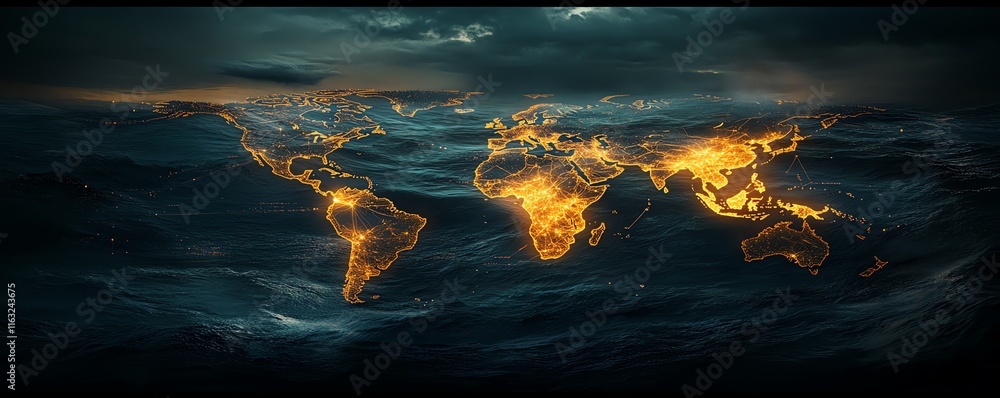 Poster a modern 3d rendering of a world map with luminous lights and digital connections, illustrating glob