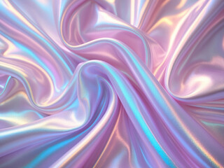 Obraz premium A close-up of iridescent, flowing fabric in soft pastel hues of pink, lavender, and blue, showcasing its smooth, silky texture and radiant light reflections.