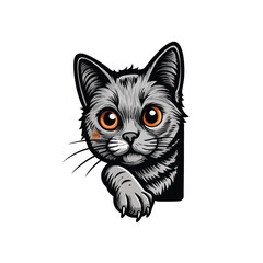 A curious cat's head peeks from a dark corner, rendered in a colorful sketch engraving style.  The artwork showcases detailed fur and expressive eyes.