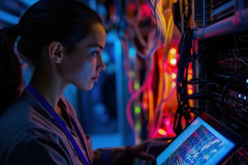 Female IT Engineer Monitoring Server Rack with Tablet in Data Center