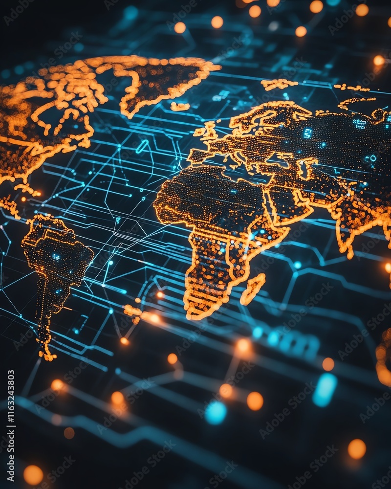 Poster a modern 3d rendering of a world map with luminous lights and digital connections, illustrating glob