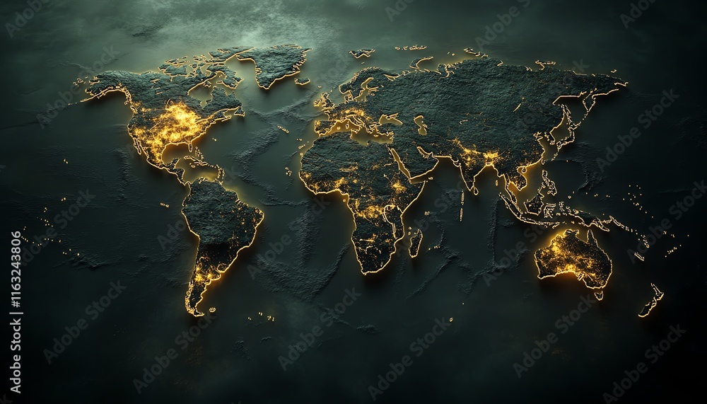 Poster a modern 3d rendering of a world map with luminous lights and digital connections, illustrating glob