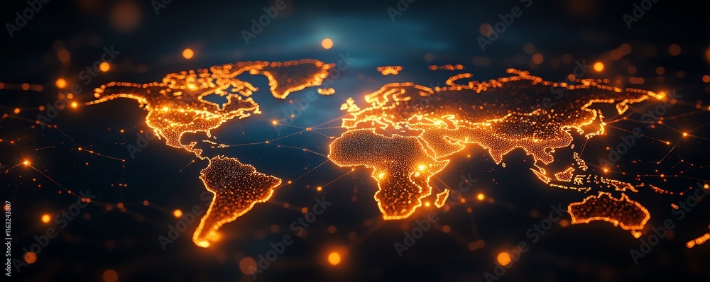 Poster a modern 3d rendering of a world map with luminous lights and digital connections, illustrating glob