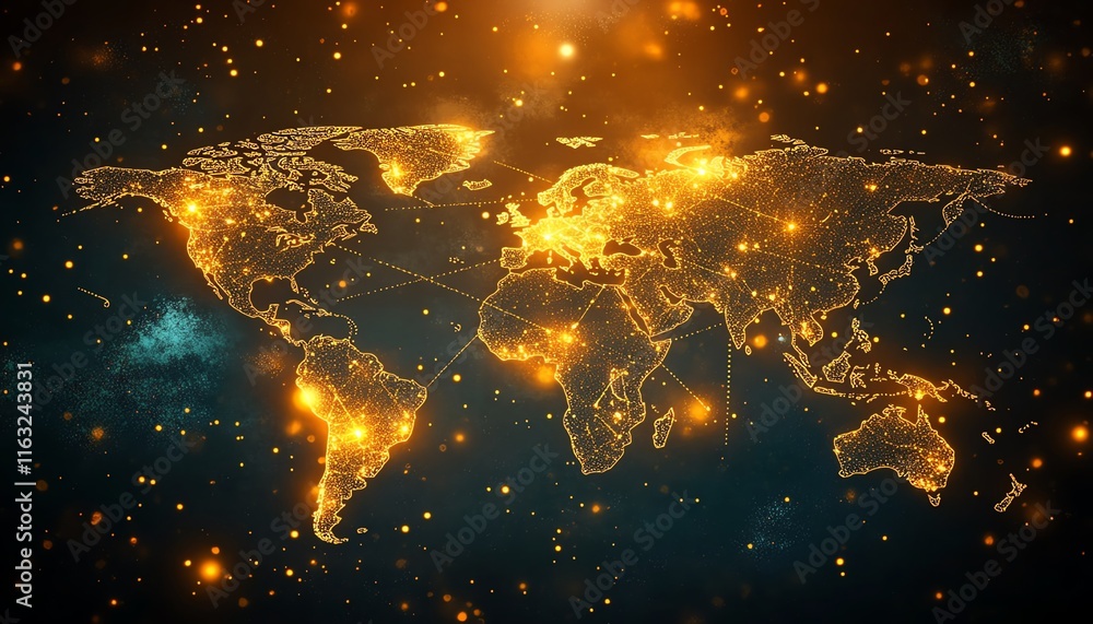 Poster a modern 3d rendering of a world map with luminous lights and digital connections, illustrating glob