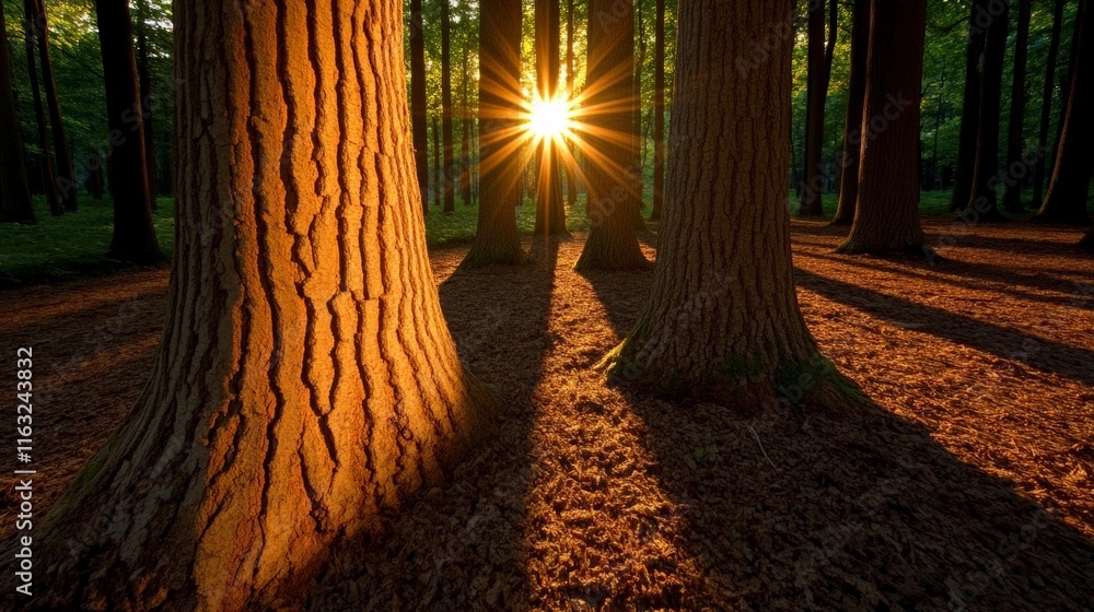 Poster sunlight through the trees: a serene image capturing the golden rays of the setting sun filtering th