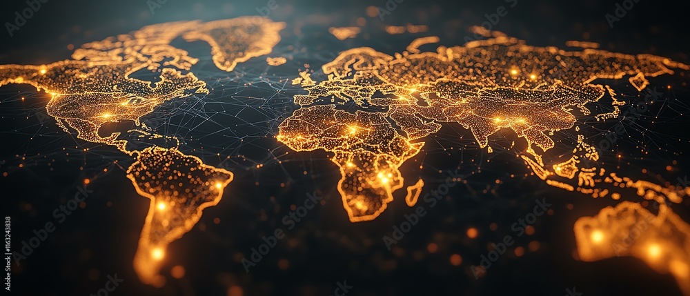 Poster a modern 3d rendering of a world map with luminous lights and digital connections, illustrating glob