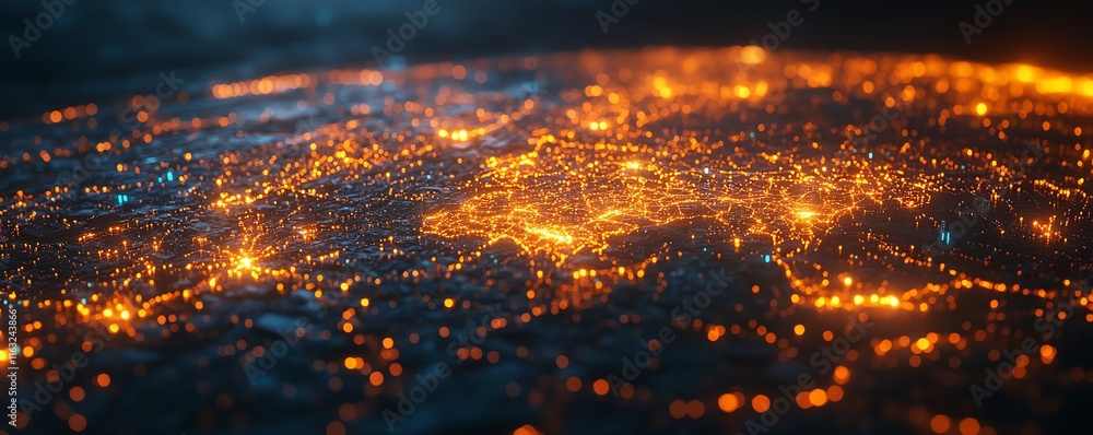 Poster a modern 3d rendering of a world map with luminous lights and digital connections, illustrating glob