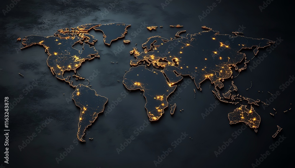 Poster a modern 3d rendering of a world map with luminous lights and digital connections, illustrating glob