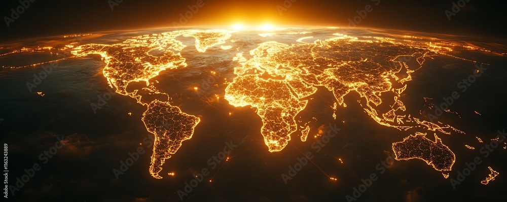 Poster a modern 3d rendering of a world map with luminous lights and digital connections, illustrating glob