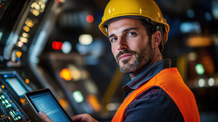 Modern factory engineer using tablet in control room, wearing hard hat and safety vest, focused on his work. environment is high tech and industrial