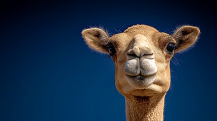 Obraz premium Camel Portrait: Close-up shot of a camel's face against a vibrant blue sky. The camel's curious gaze and unique features are highlighted in this captivating portrait. 