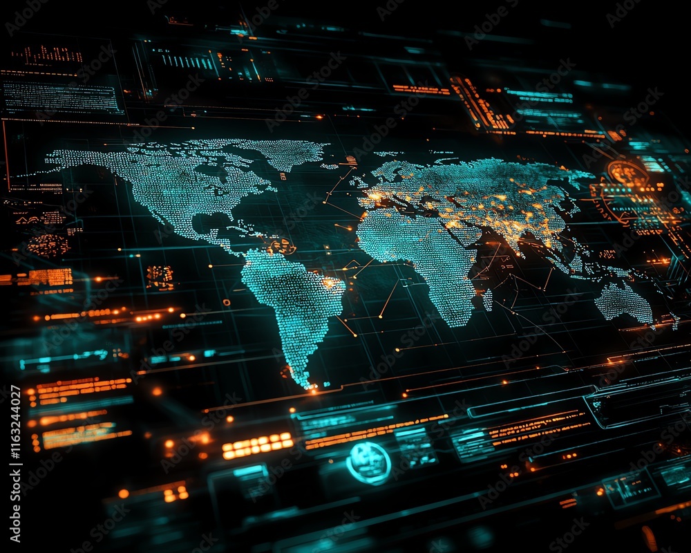 Poster a sleek 3d mockup of a world map with glowing lights, illustrating global connections and network sy