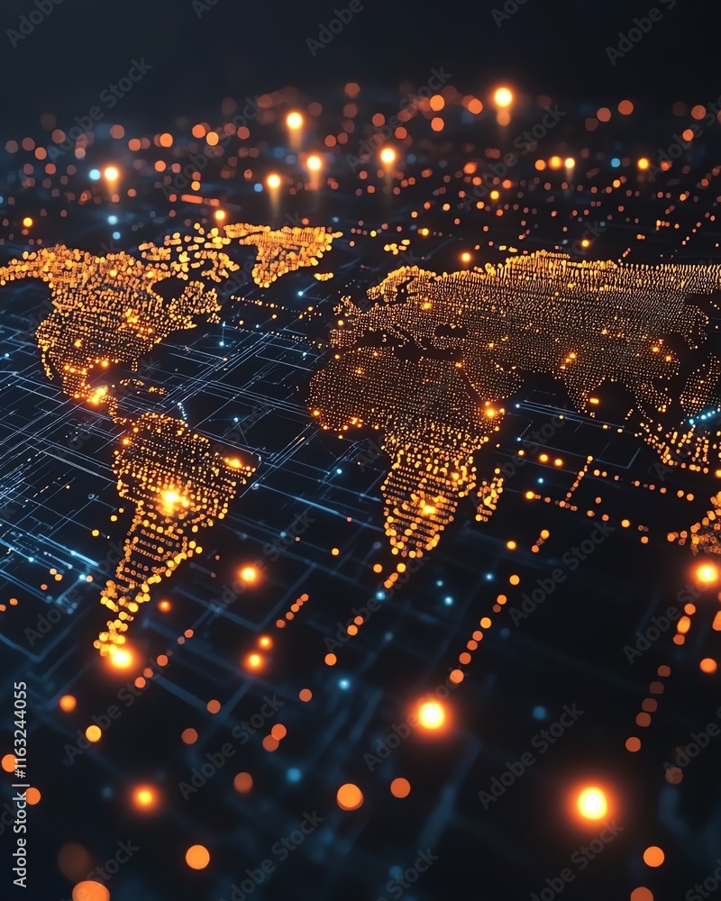 Poster a sleek 3d mockup of a world map with glowing lights, illustrating global connections and network sy
