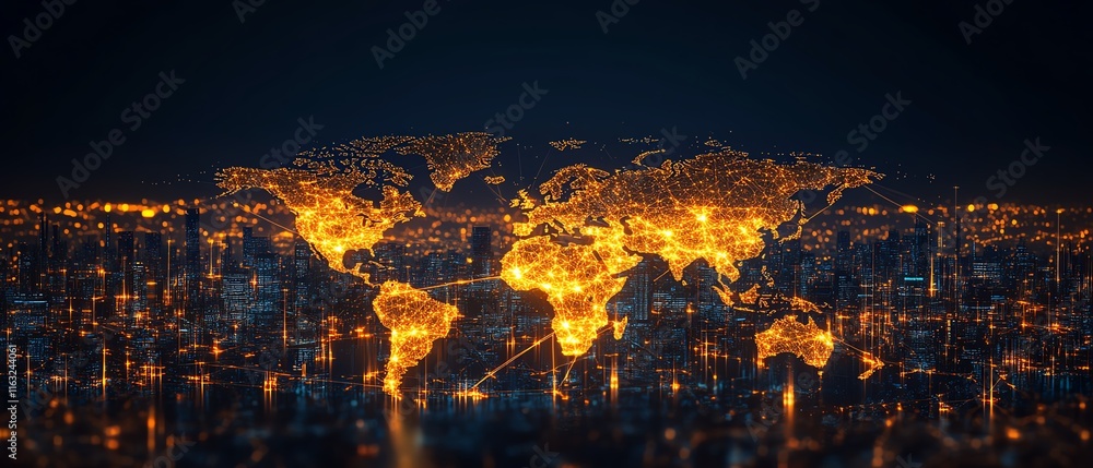 Poster a sleek 3d mockup of a world map with glowing lights, illustrating global connections and network sy