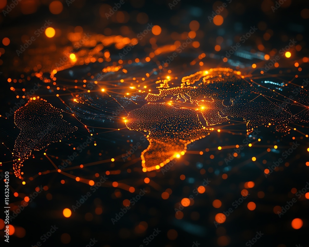 Poster a sleek 3d mockup of a world map with glowing lights, illustrating global connections and network sy