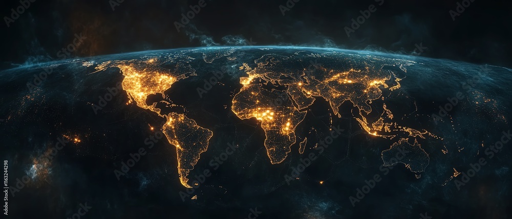 Poster a sleek 3d mockup of a world map with glowing lights, illustrating global connections and network sy