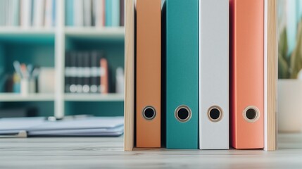 Colorful office folders lined up on a desk, perfect for organization and productivity.