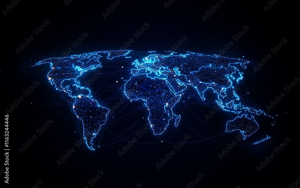 Poster a striking 3d design of a digital world map with radiant lights, highlighting global connection and 
