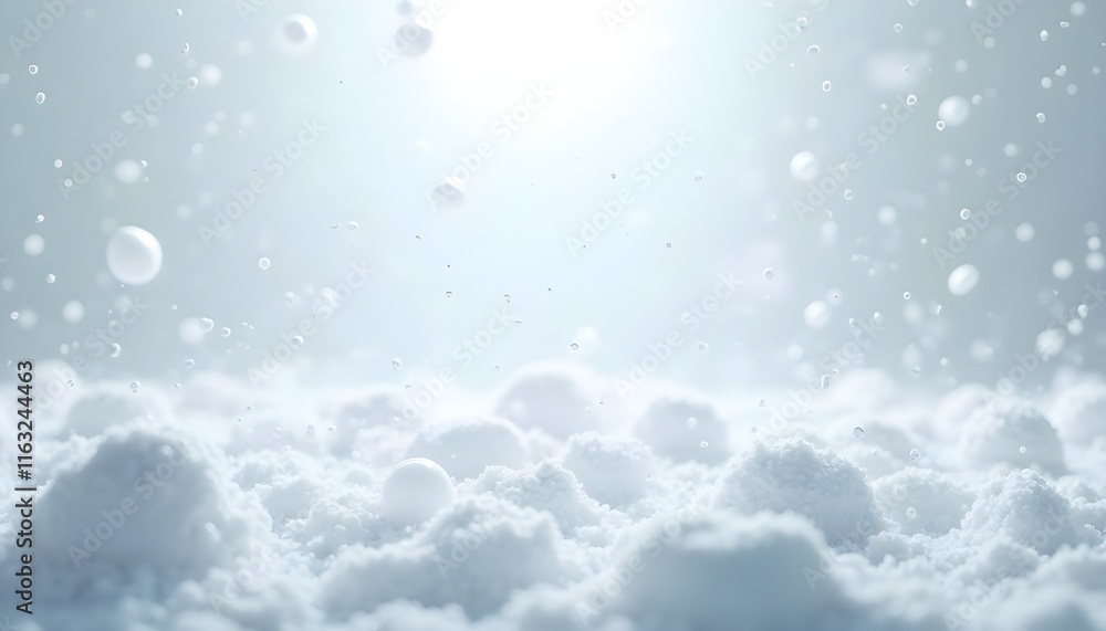Poster A generative AI illustration of an abstract background featuring white foam particles floating through the air in a bright, illuminated setting