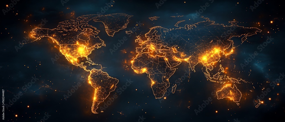 Poster a striking 3d design of a digital world map with radiant lights, highlighting global connection and 